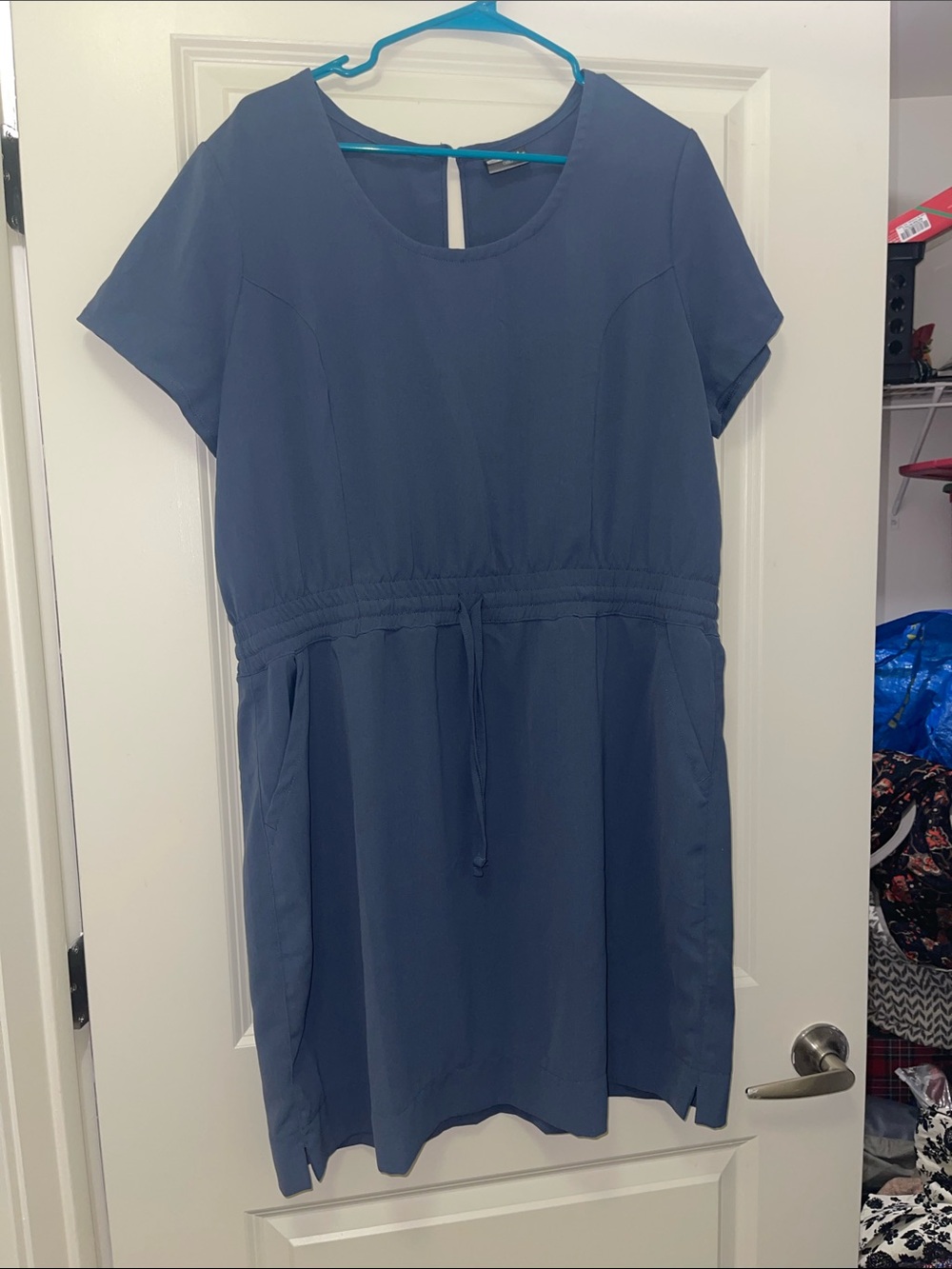 Casual Drawstring Waist Short Sleeve Dress — Slate Blue